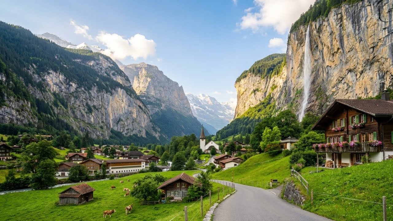 Lauterbrunnen Valley Switzerland🇨🇭Swiss Village walking tour in a sunny day