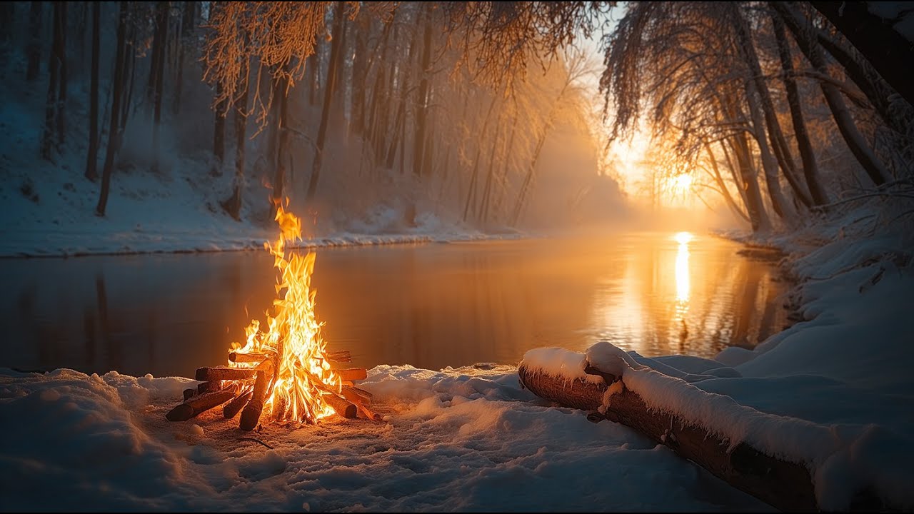 You’re Waking Up by a Winter Campfire 🔥❄️ Calm River Flow and Gentle Morning Light