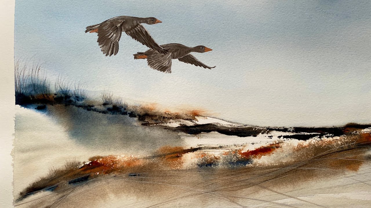 PAINT MISTY WINDSWEPT DUNES, Loose Watercolor Landscape Painting TUTORIAL, Greylag Geese Watercolour