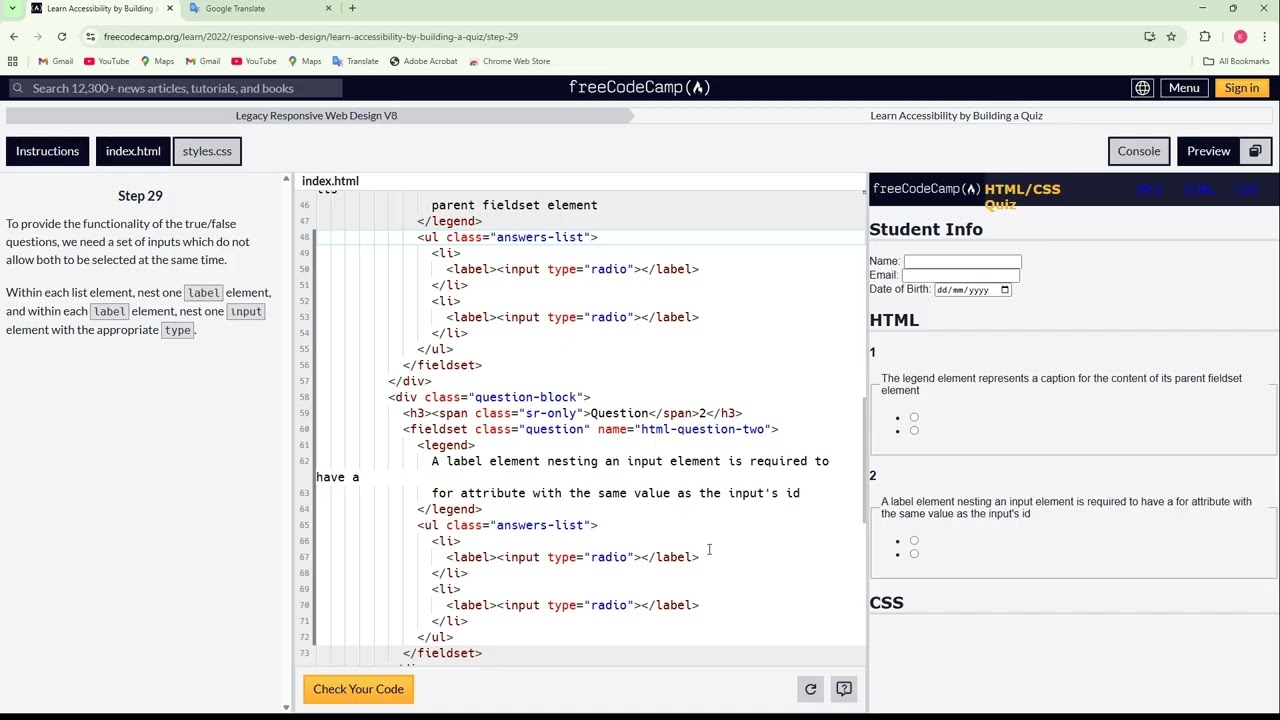 الحلقة 3  CSS Accessibility Quiz freeCodeCamp  تبسيط دروس الموقع المجاني للمبتدئين