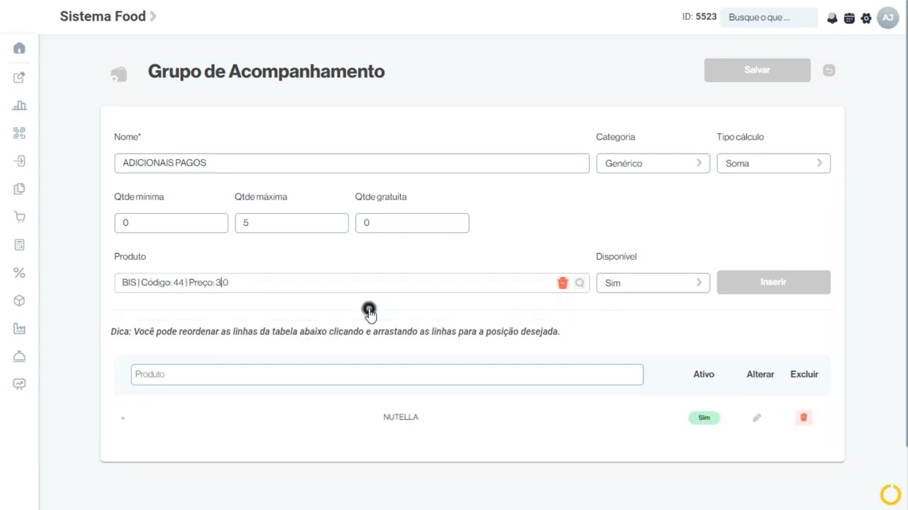 Reis T.I Food - Cadastrar Grupo de Acompanhamento/Vincular Produtos