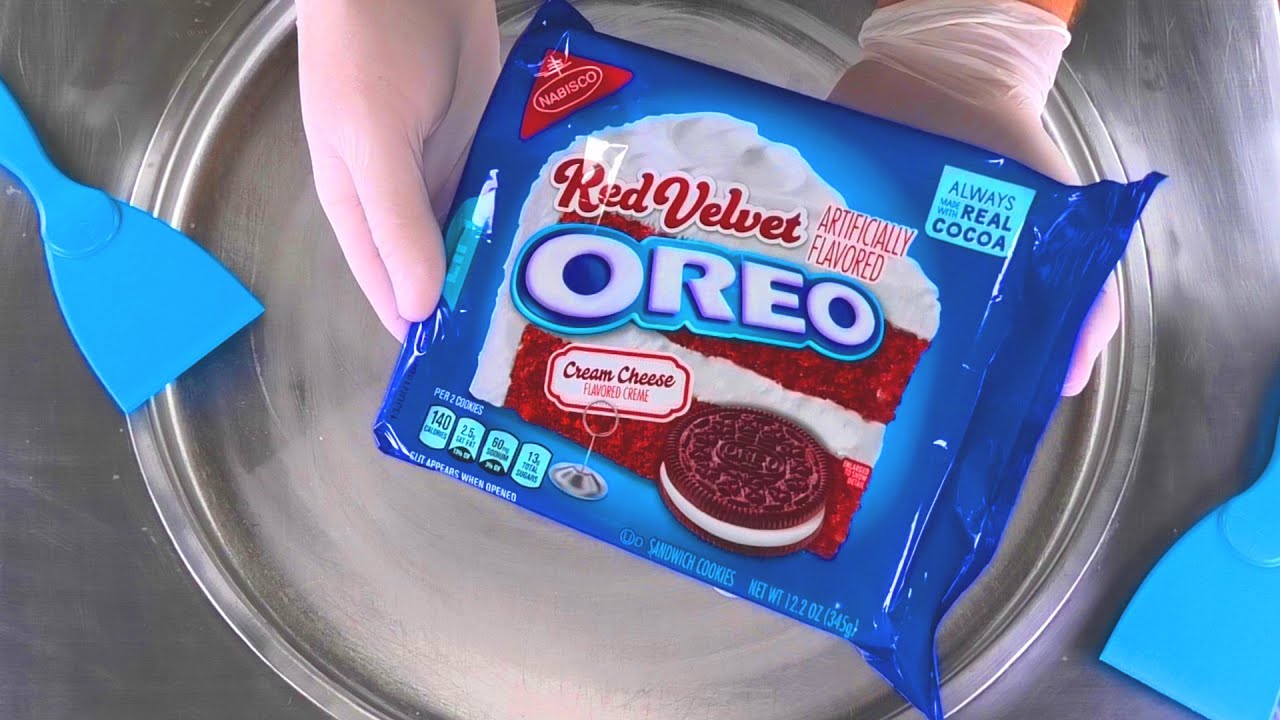 OREO Red Velvet Ice Cream Rolls | how to make Oreo Red Velvet Cookies rolled Ice Cream - ASMR Food