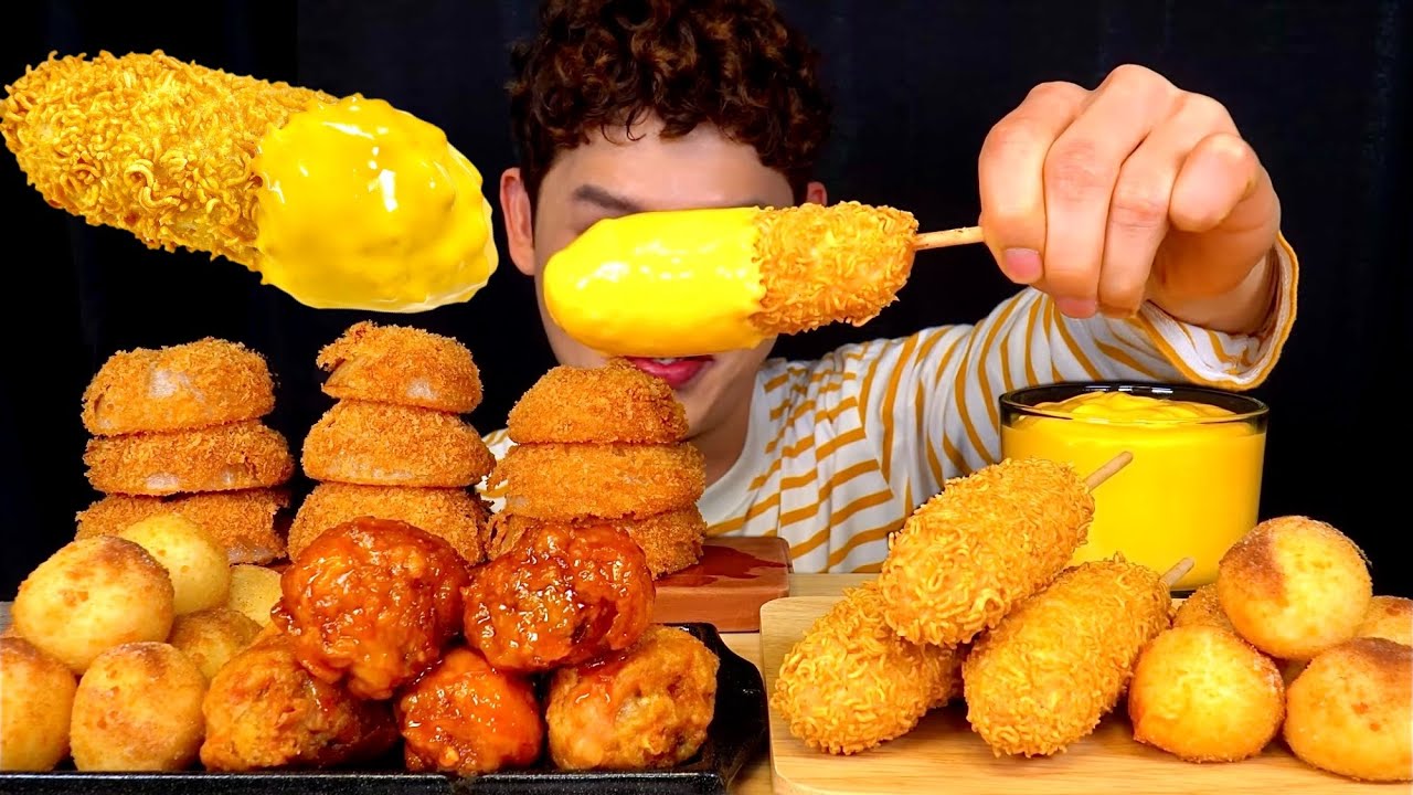 ASMR 라면땅 치즈쏙 핫도그🌭 어니언링 치즈볼 양념치킨 닭다리 먹방~!! Crispy Corn Dog With Onion Ring Cheese Ball🧀MuKBang~!!