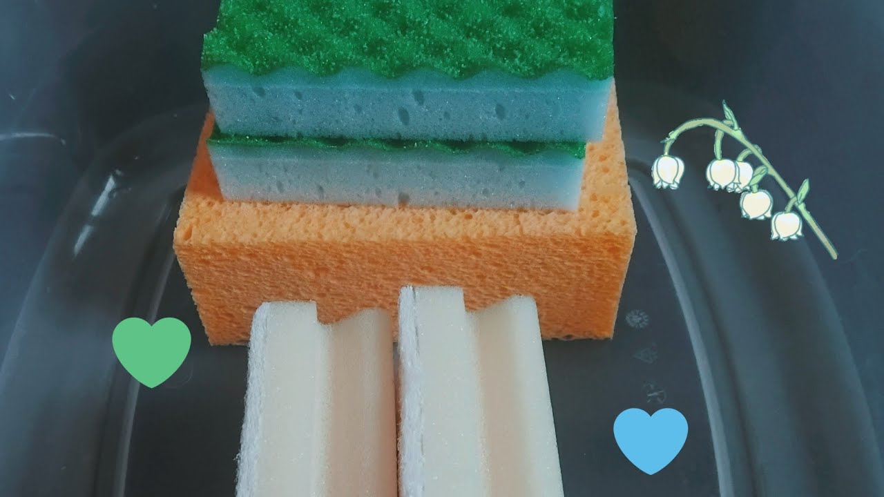 ASMR Dry and Damp Sponge Squeezing and Ripping 💚🩵💛