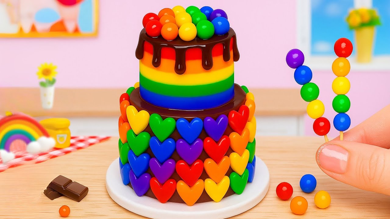 Рецепт мини-торта «Радуга» с шоколадом 🍫🌈, украшенного мастикой в ​​форме сердечек.