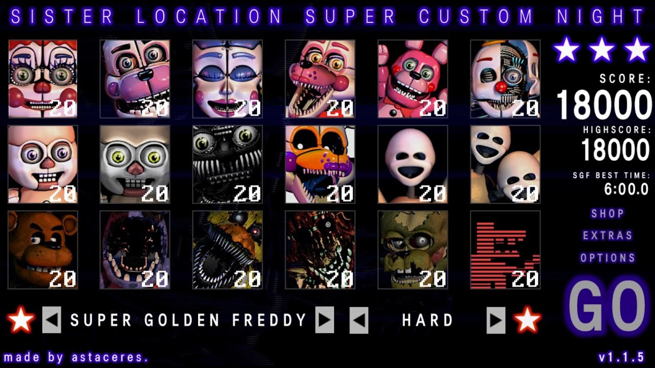 Super Golden Freddy (18/20) beaten - Sister Location : Super Custom Night