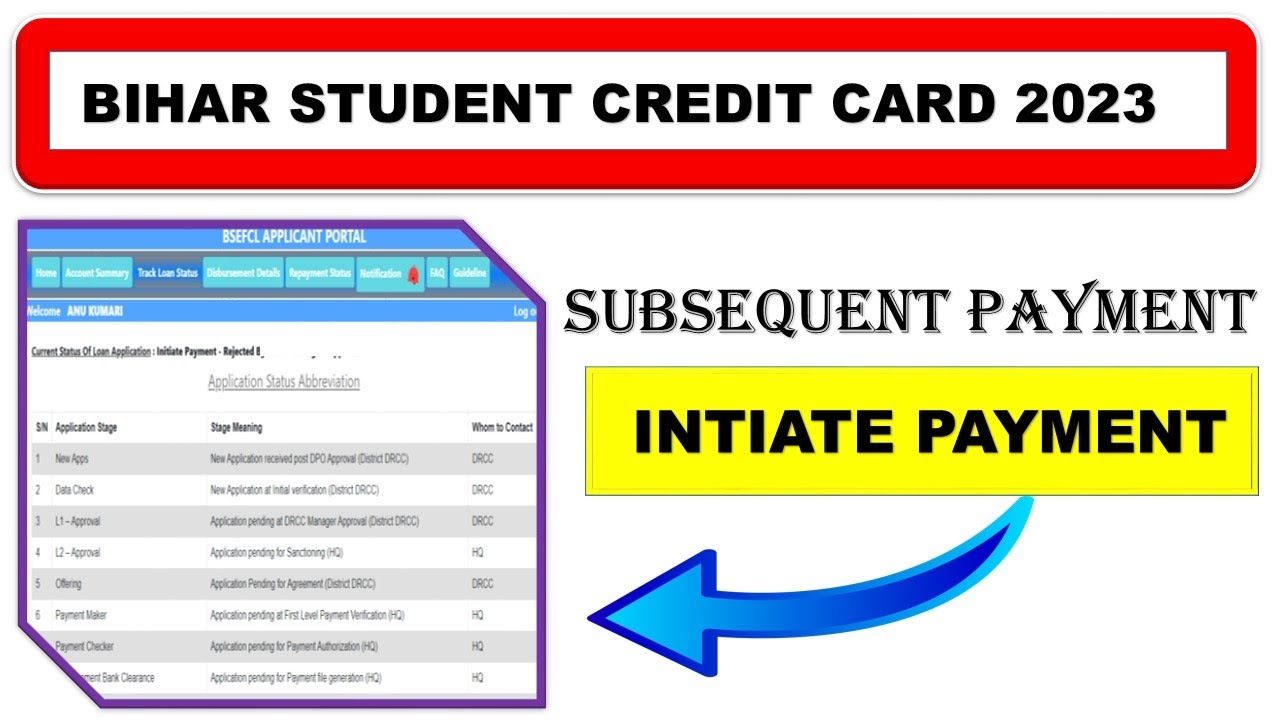 INITIATE PAYMENT SUBSEQUENT PAYMENT|BIHAR STUDENT CREDIT CARD|AM REJECTION|DPO REJECTION|