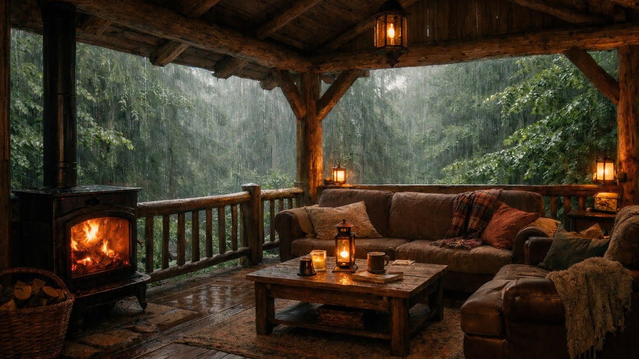 Rainy Forest Cabin Ambience | Cozy Fireplace & Peaceful Rain on Wooden Porch | Sounds for Sleeping