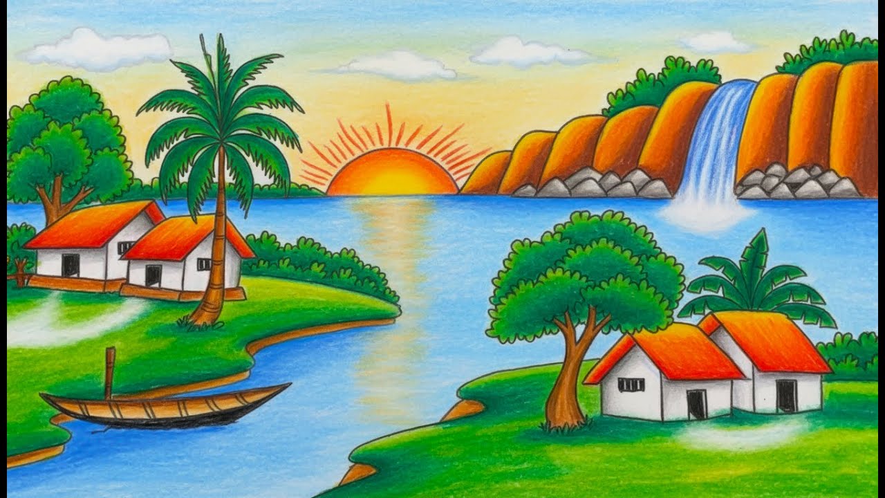 How to Draw Easy Village Scenery with River & Mountain Waterfall Drawing Step by Step