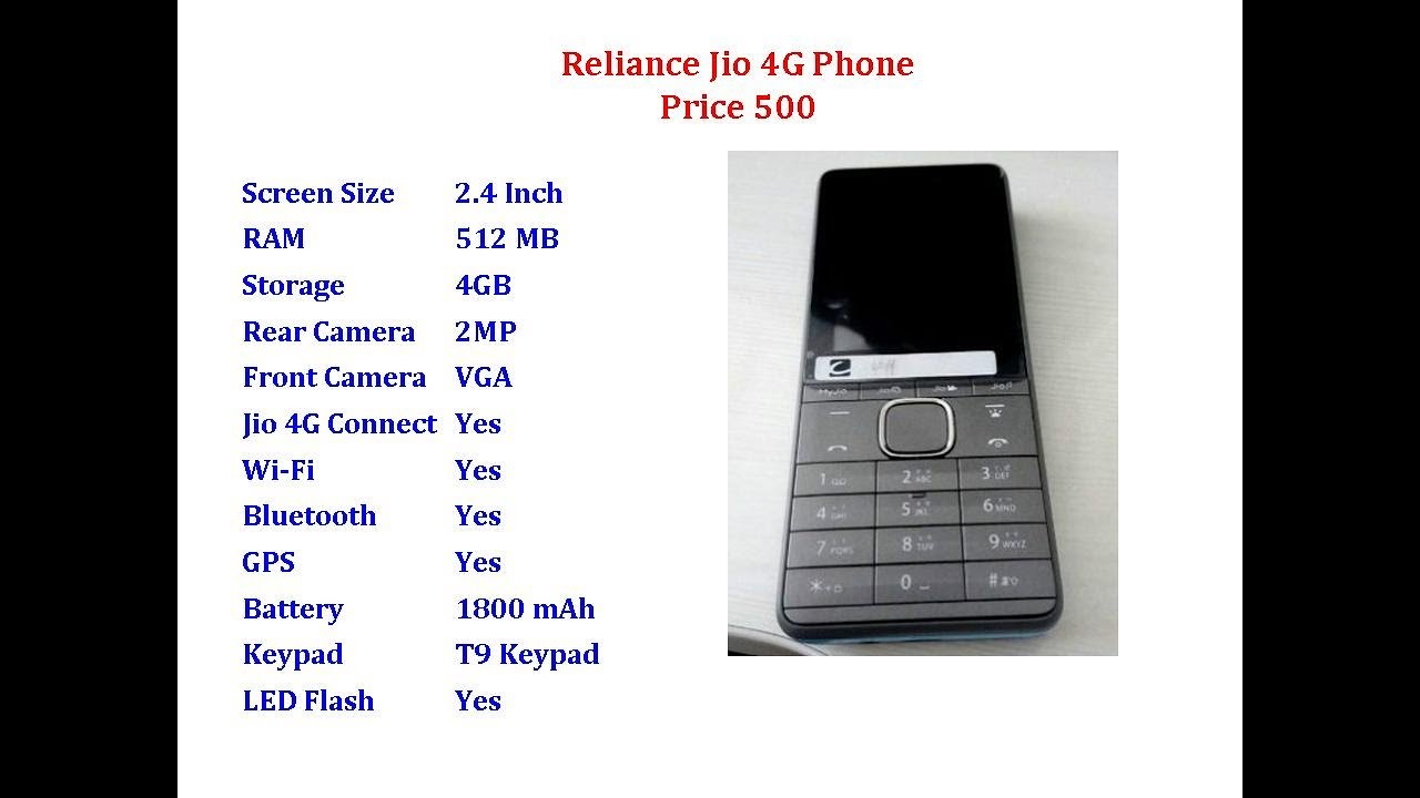Reliance Jio 4G Phone for Rs. 500 & Specification