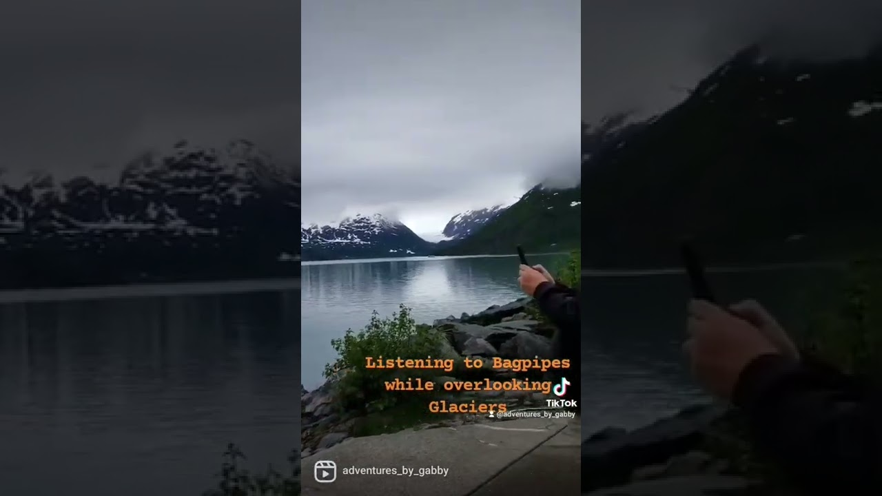 Bagpipes in Alaska #adventuresbygabby #Alaska #glaciers #alaskatravel #alaskascenery #lake #snow