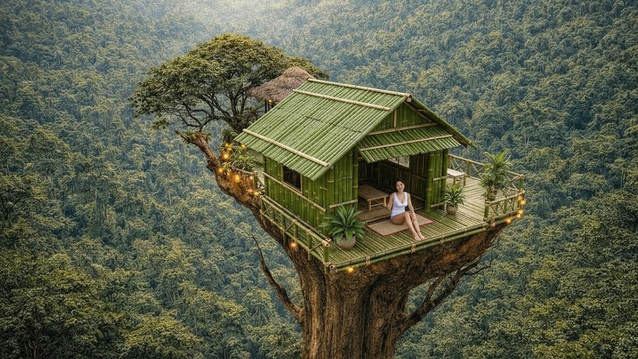 30 Days Survival Alone: Building a Bamboo House on a Giant Treehouse (ASMR)