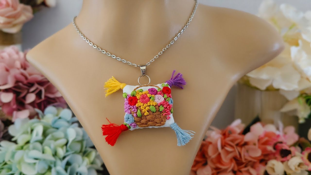 Mini Pillow Pendant - Embroidered Mini Pillow - Flower Basket Embroidery