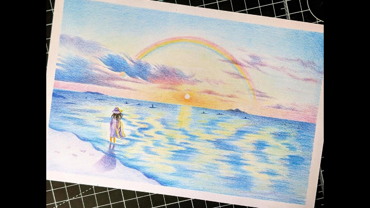 Girl by the sea at sunset 🌅 | Colored pencil drawing #coloredpencil  #beachart #oceanart #satisfying