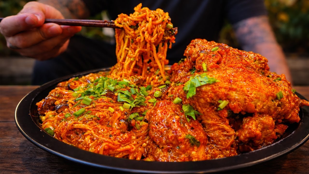 EXTREME Spicy Chicken Leg Noodles 🔥 | Night Outdoor Cooking