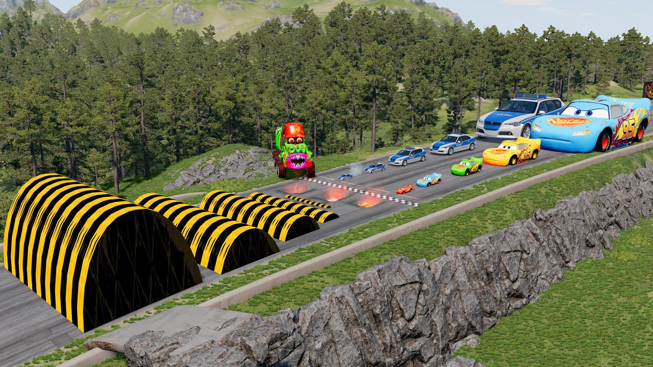 Big & Small McQueen & Police Car vs Zombie Mack, Speed bumps & Lava Pit Downhill Race |BeamNG.drive