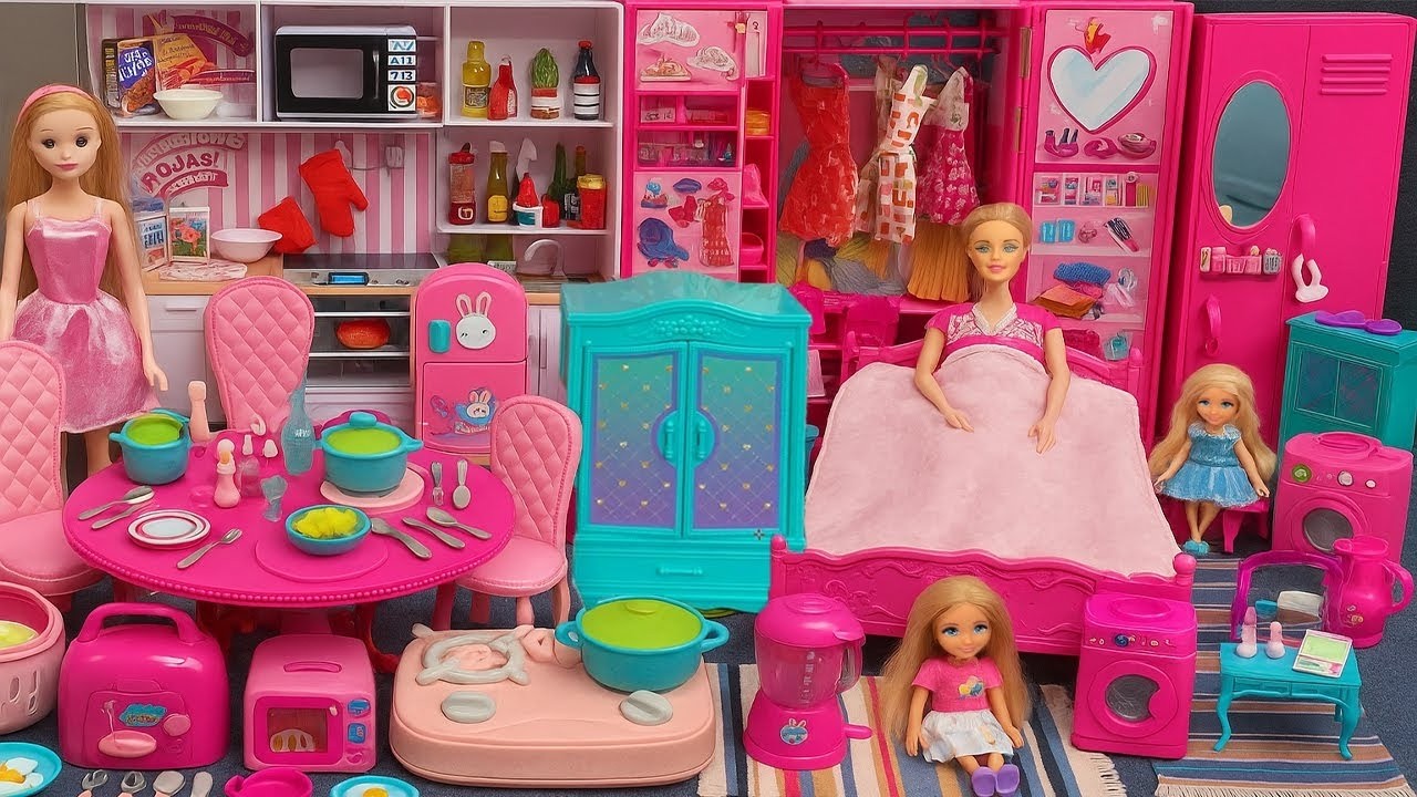 7 Minutes Satisfying with Unboxing Pink Barbie Doll Bedroom,Kitchen Collection Review Toys | ASMR