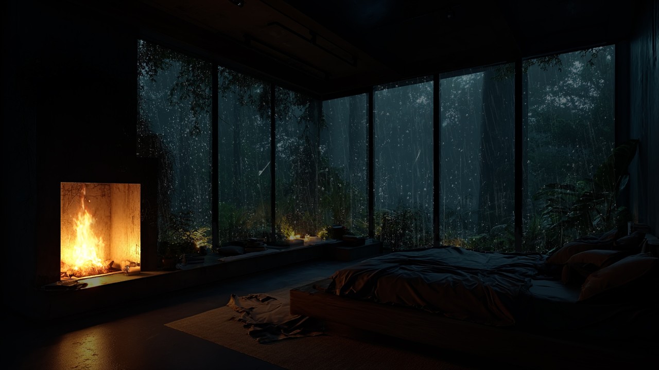 Gentle Healing Night 🌧️ | Rain and Fireplace Ambience for Deep Sleep in a Warm Bedroom