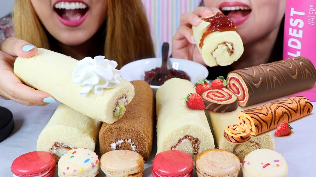 ASMR CHOCOLATE ROLL CAKES and MACARONS *SOFT EATING SOUNDS* | Kim&Liz ASMR