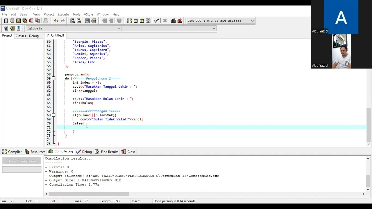 Aplikasi Pengecekan Zodiak Sederhana Dev C++