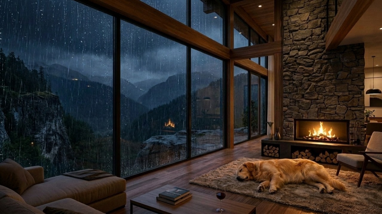 Heavy Rain at a Cliffside Glass House (3 Hours) | Cozy Fireplace & Sleeping Golden Retriever