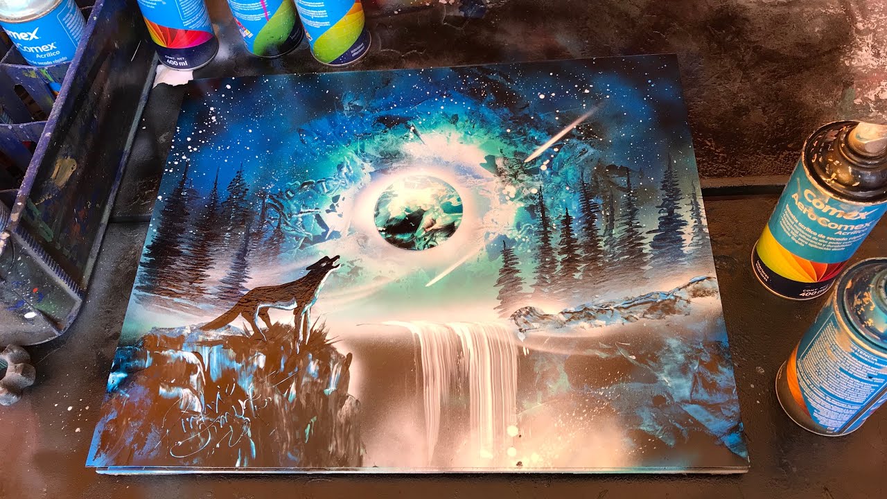 Wolf, waterfall and Moon SPRAY PAINT ART