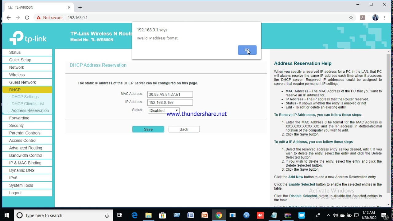 DHCP Address reservation and wireless security setup