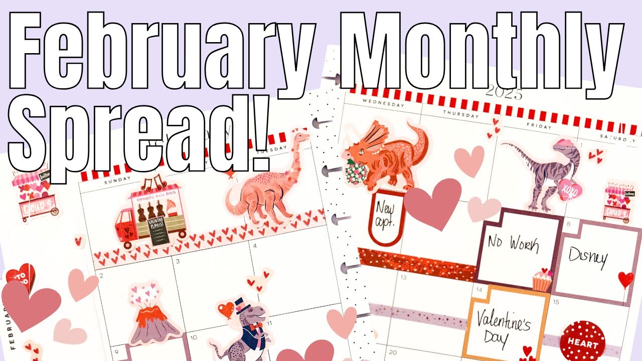 Dinosaur Valentine's February Monthly Plan With Me | Winter Sticker Book | Happy Planner Spread