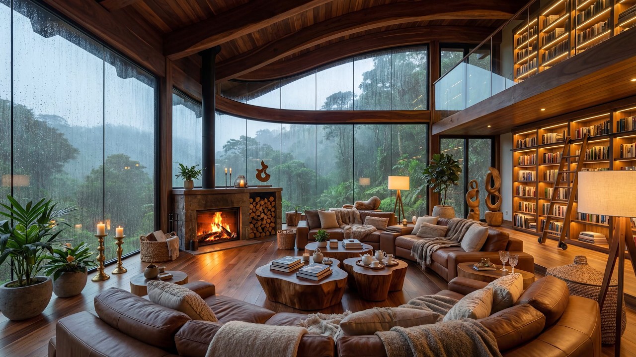 Smooth Jazz Piano at Rainy Living Room Ambience | Jazz Relaxing Music with Fireplace Glow 🔥