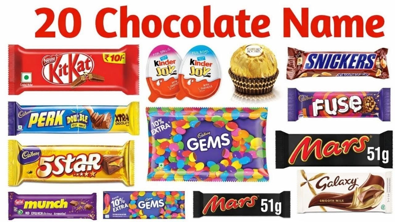 20  चॉकलेट के नाम English and Hindi| 20 Chocolate Names for Kids Learning Fun Sweet Candy Video 