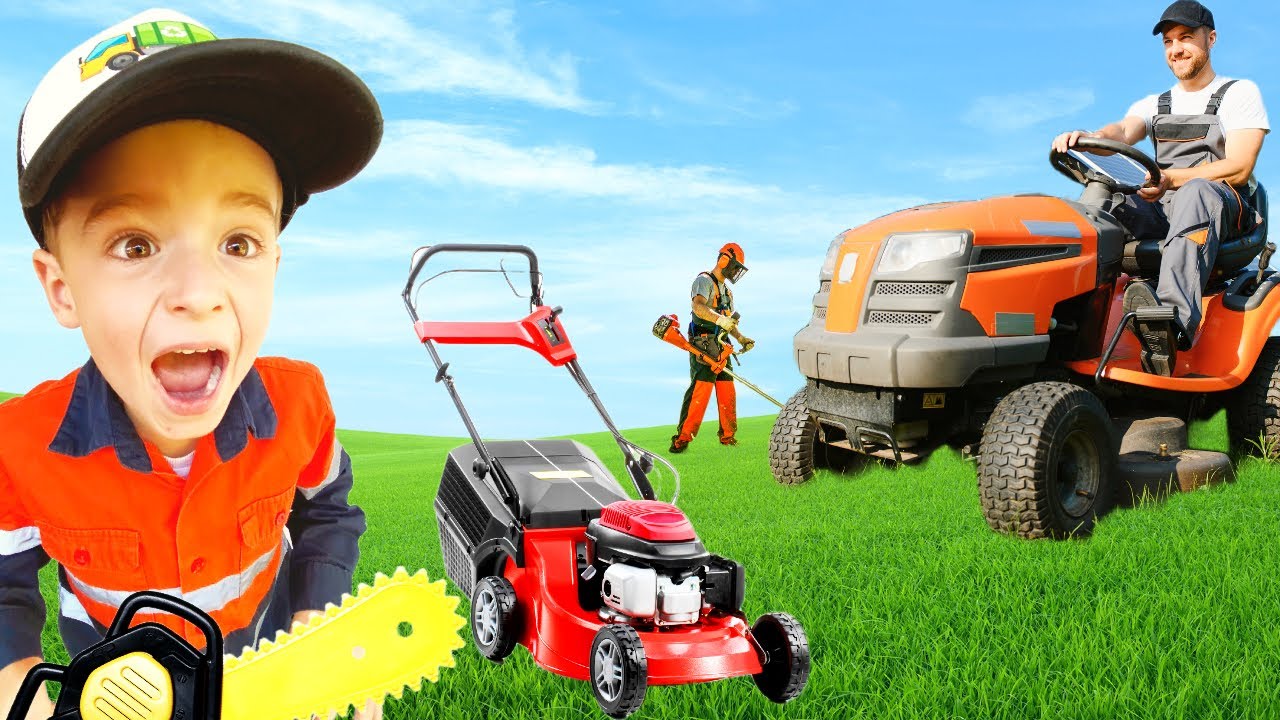 Lawn mowers leaf blower weed wacker for Kids Video | fire truck, garbage lorry, blippi toys | min