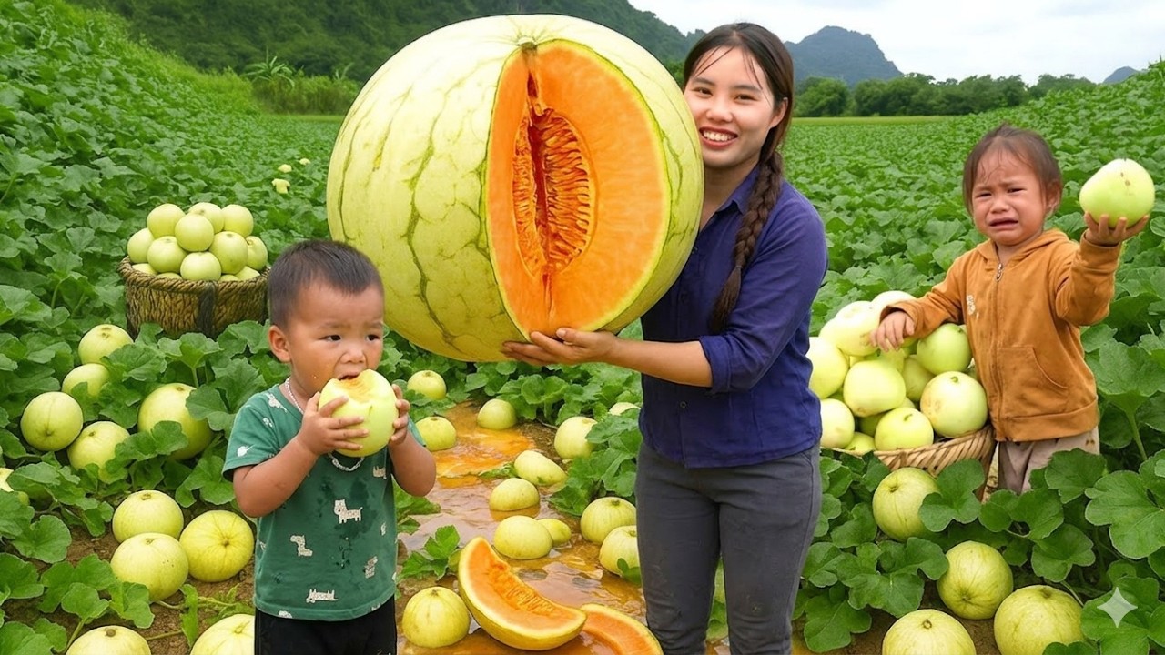 Harvesting Cantaloupes With My Daughter And Son To Sell At The Market - Taking Care Of The Children