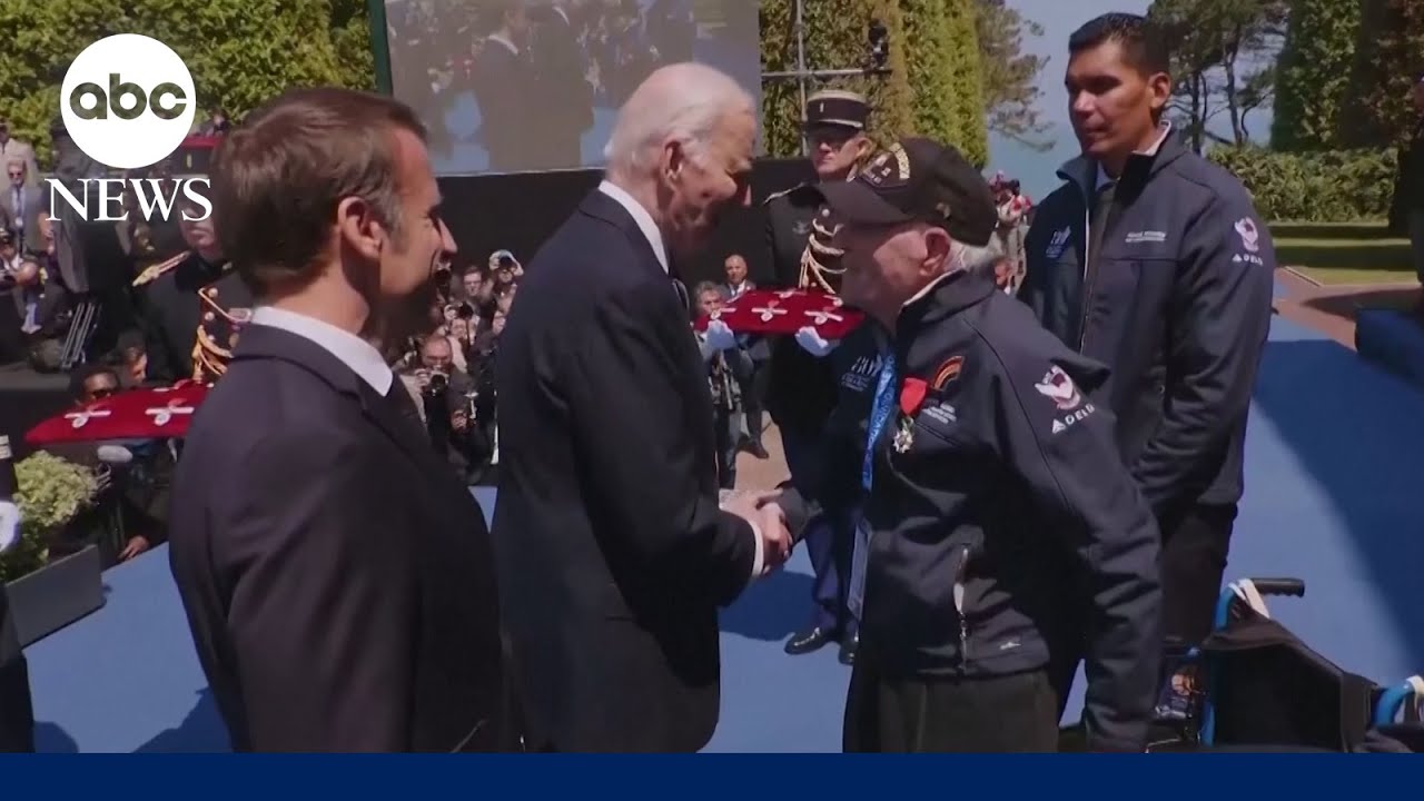 French Pres. Macron, with Pres. Biden, awards Legion on Honor to World War II veterans
