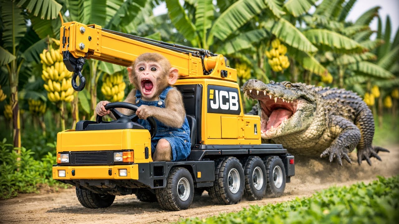Monkey Farm Tractor Adventure Dangerous Crocodile Attacks the Banana Farm! - Monkey Farm Work