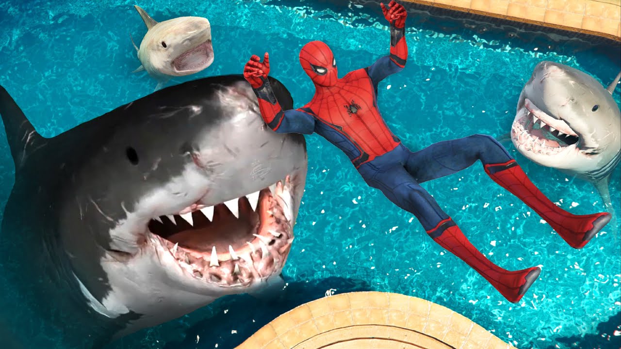 GTA 5 - Megaladon, Big White Shark, Tiger Shark vs SPIDERMAN ep.3 (Epic)