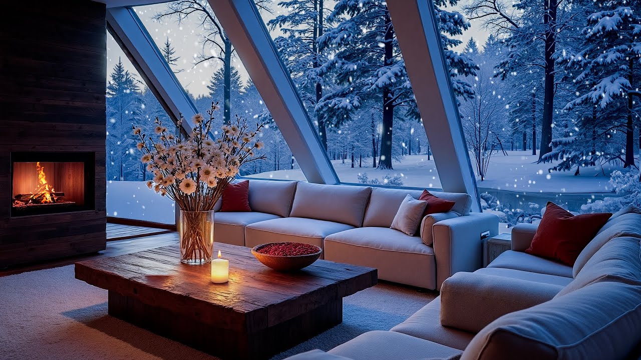 🎹 Winter Piano in a White Room ❄️ | Snowy Window & Fireplace Night Ambience (3 Hours)