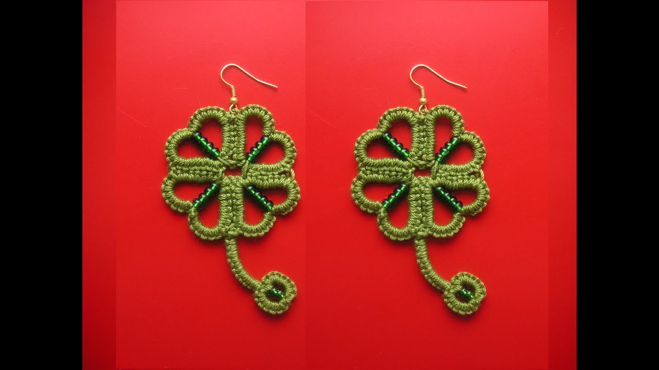 26' TUTORIAL ORECCHINI QUADRIFOGLIO CHIACCHIERINO AD AGO EARRINGS NEEDLE TATTING Frivolitè фриволите