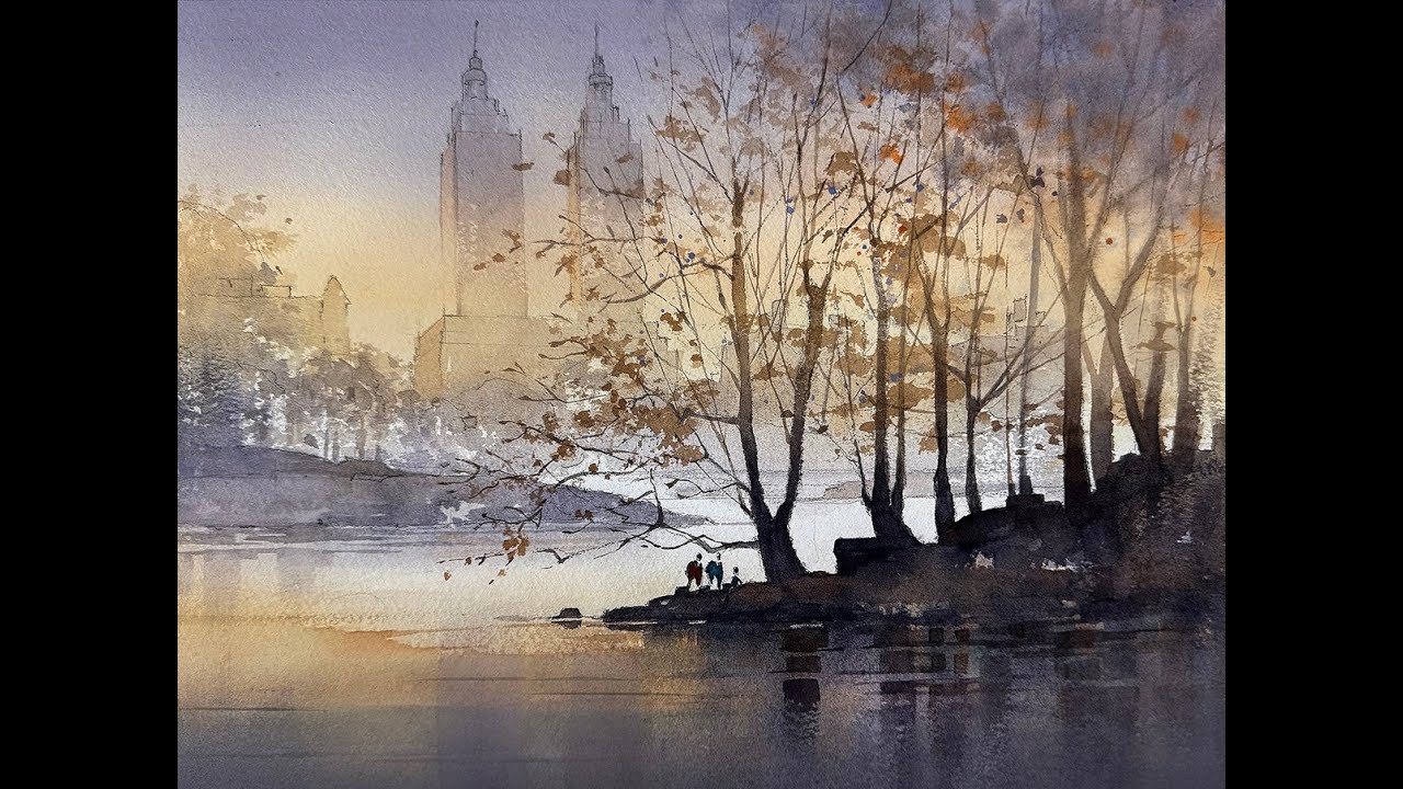 Part 2. March Evening - Central Park #watercolorpainting #tutorialvideo #drawingtutorial