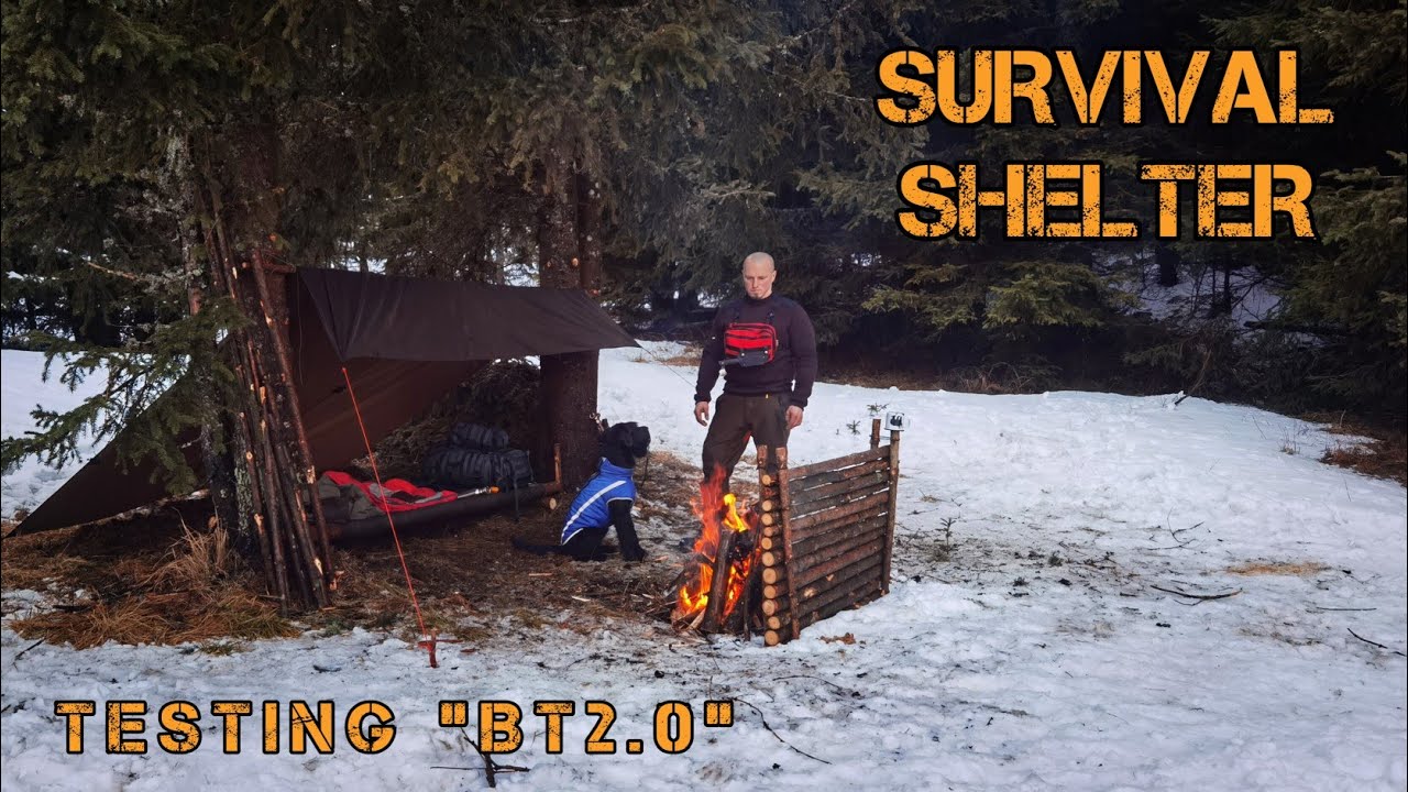 2 DAY Winter Bushcraft In Fresh Snow - Survival Shelter With Raised Bed