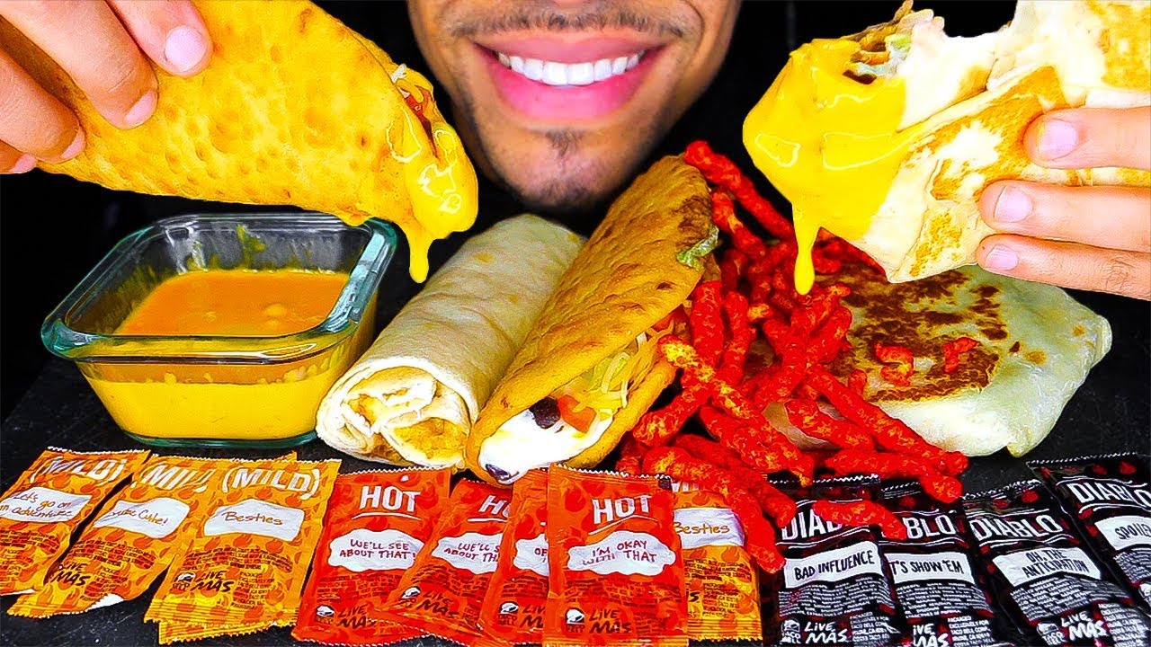 ASMR TACO BELL MUKBANG WITH CHEESE SAUCE JERRY BURRITO  EATING CHEDDAR CHALUPA VEGAN CRUNCHWRAP