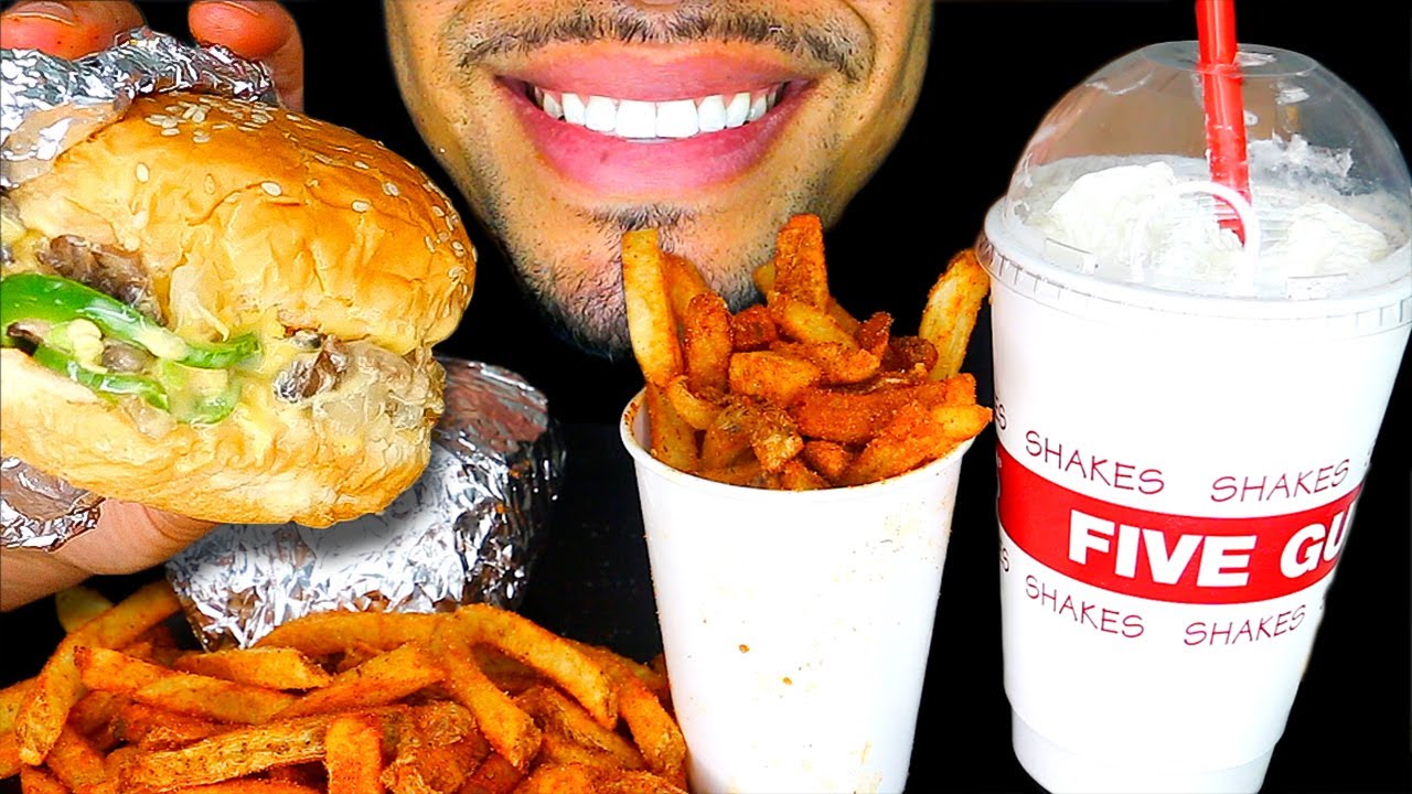 FIVE GUYS CHEESEBURGERS FRIES OREO DOUBLE STUFFED MILKSHAKE EATING MOUTH SOUNDS NO TALKING BIG BITES