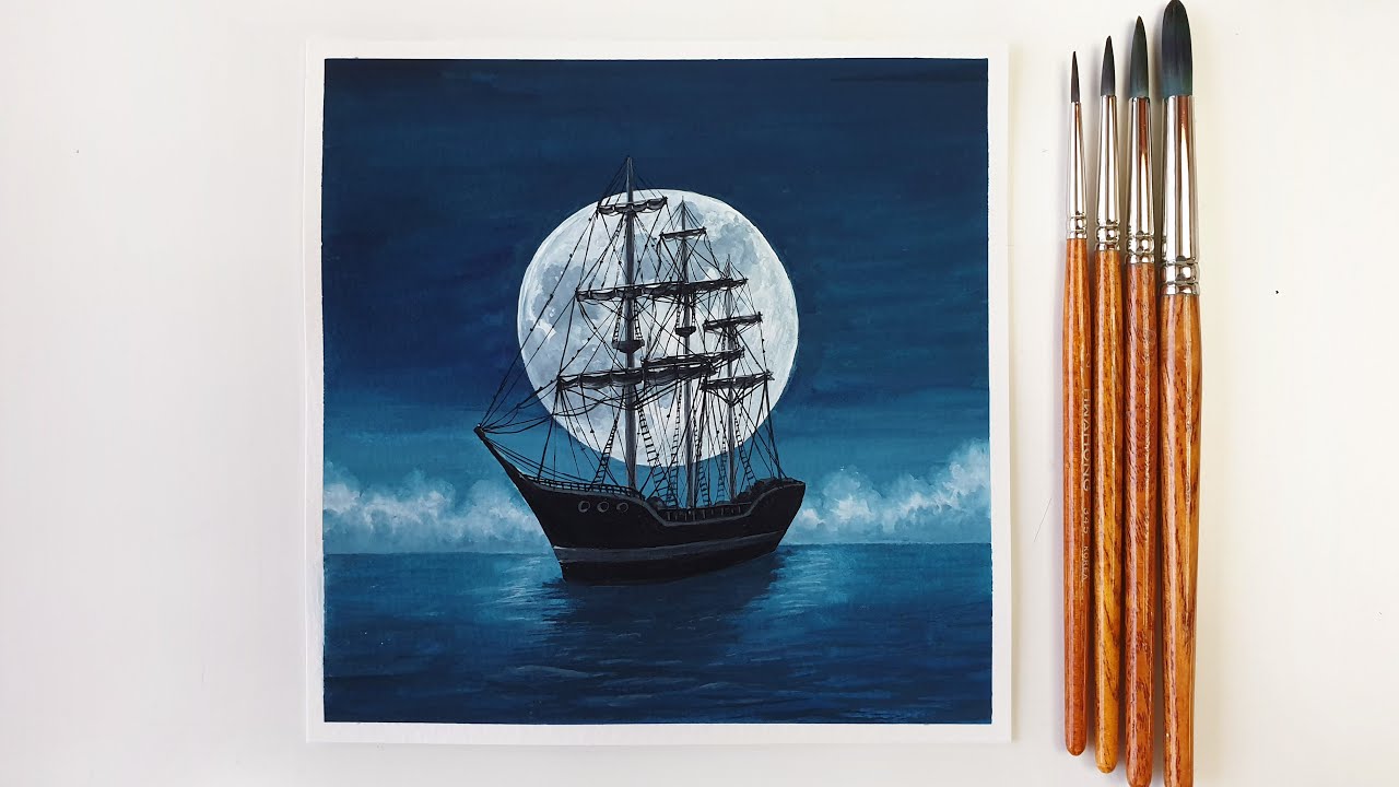 Full Moon and Ship Painting with Poster Color
