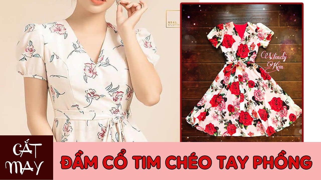 071- Cắt may áo đầm cổ tim đắp chéo tay phồng l Cách may đầm xòe vải voan hai lớp nữ tính