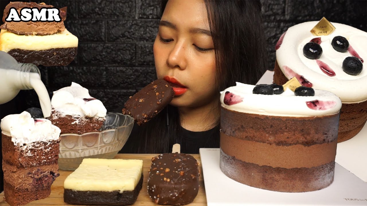 ASMR Chocolate Blueberry FRESH CREAM Cake, Rich Cheese BROWNIE, CHOCOLATE Ice Cream | Eating Sounds