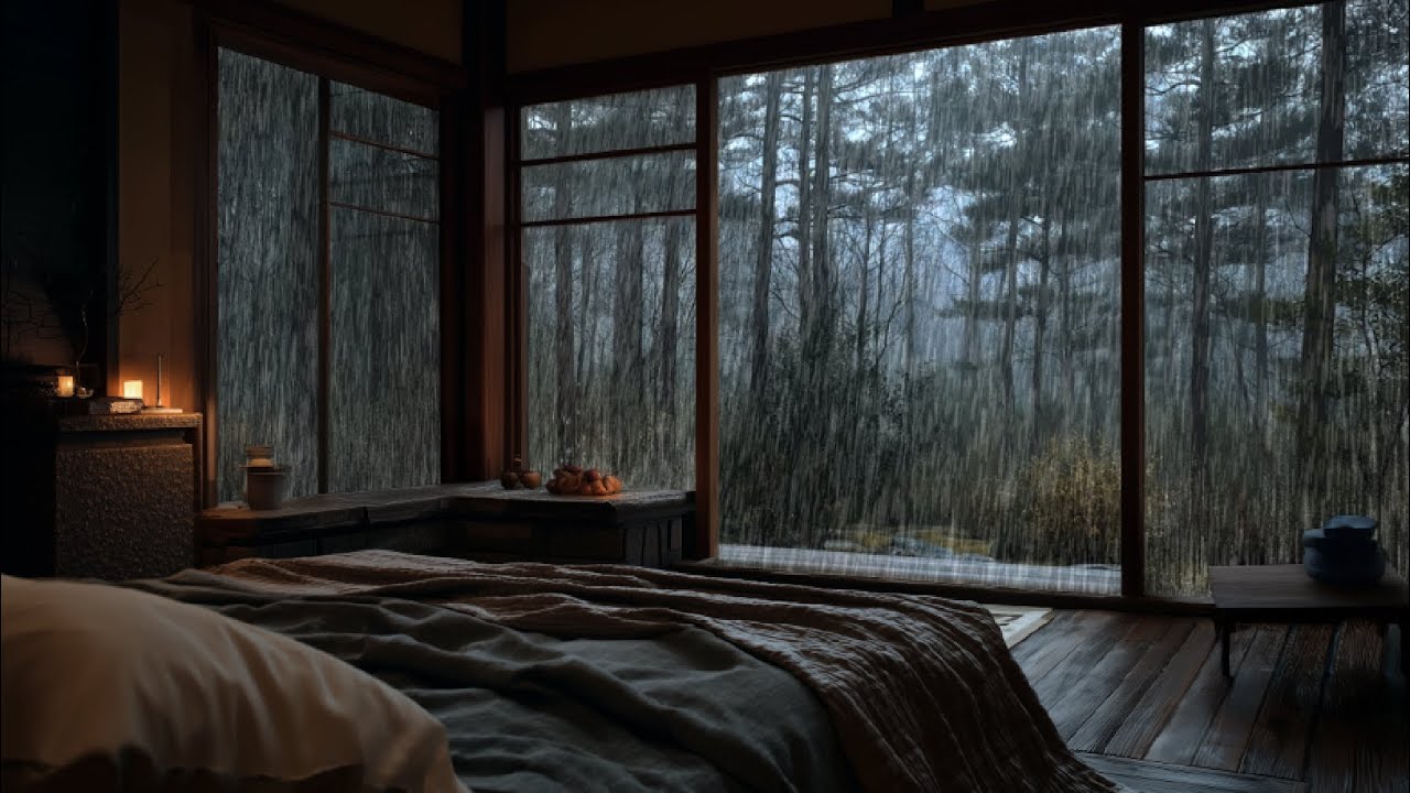 Звуки сильного дождя в минималистичной спальне в стиле дзен 🌧️ Дождь над темным лесом