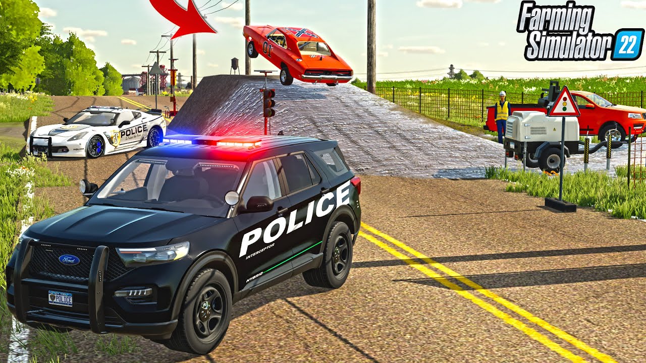 GENERAL LEE JUMPS POLICE BLOCKADE (CORVETTE POLICE CAR) | FARMING SIMULATOR 22
