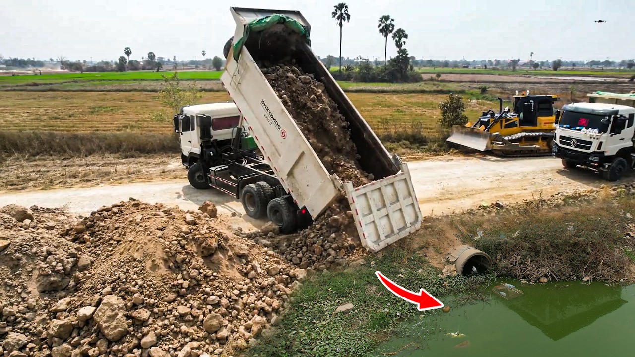 A Heavy Machinery Truck Dump 24Ton & Bulldozer Pushes Processing Pour Soil