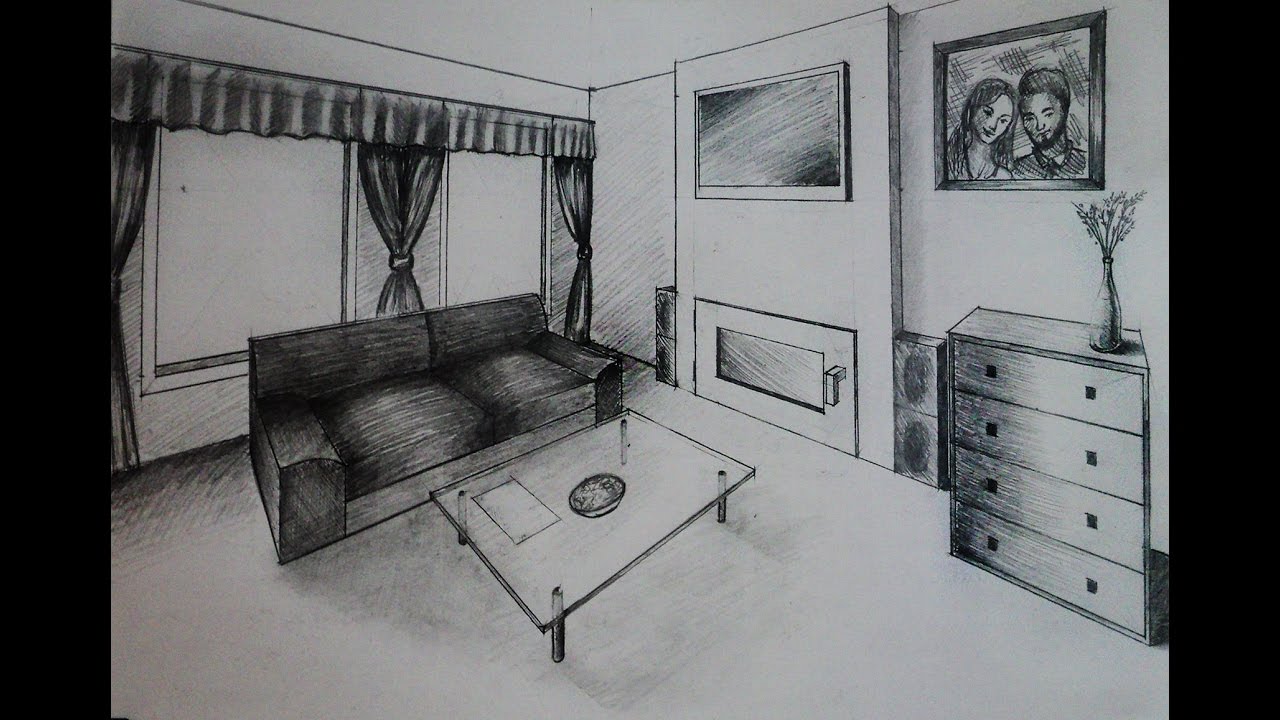 How to draw - Living room with fireplace - Two point perspective