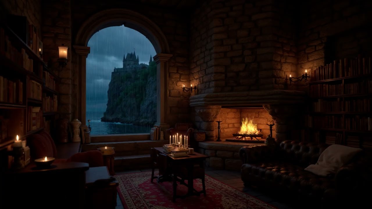 Arched Castle Room Fireplace | Gentle Rain Over a Cliffside Fortress for Deep Sleep