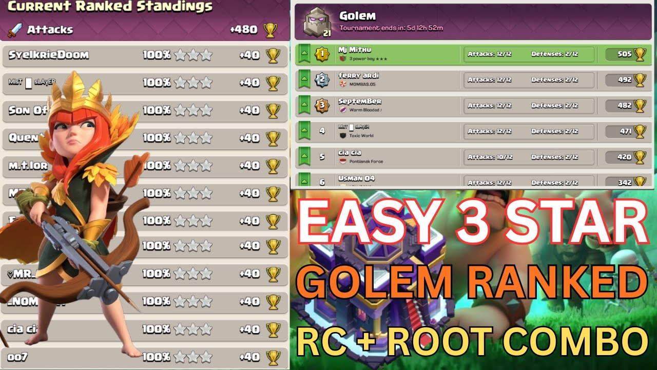 EASY 3 STAR GOLEM RANKED | RC + ROOT RIDER OP COMBO 🔥 Clash of Clans Attack 2025